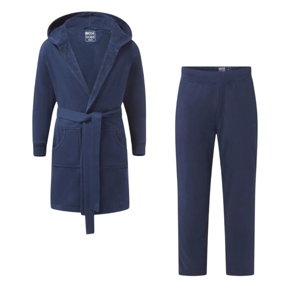 NEW Dude Robe Hooded Bathrobe and Lounge Pants Set Mens‎ Large/XL Navy Blue